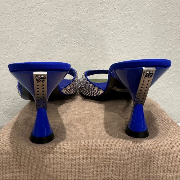 GUCCI Galactica Satin Crystal 65mm Slide Blue Sandals Size 37 NIB - Picture 6 of 9